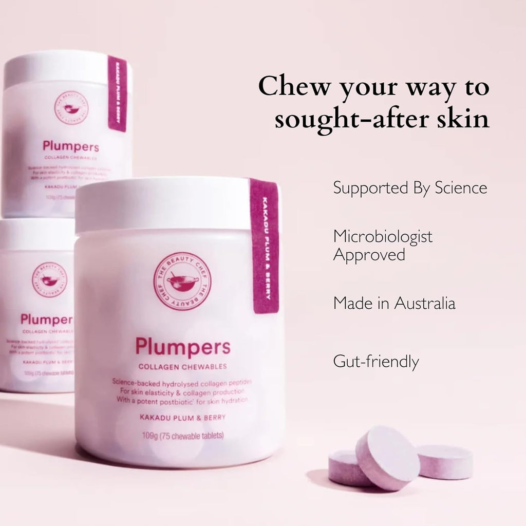 The Beauty Chef Plumpers™ Collagen Chewable Tablets with Hyaluronic Acid & Postbiotic, Supports Skin Elasticity & Collagen, Women's Multivitamin, Collagen Peptides, 75 Tablets
