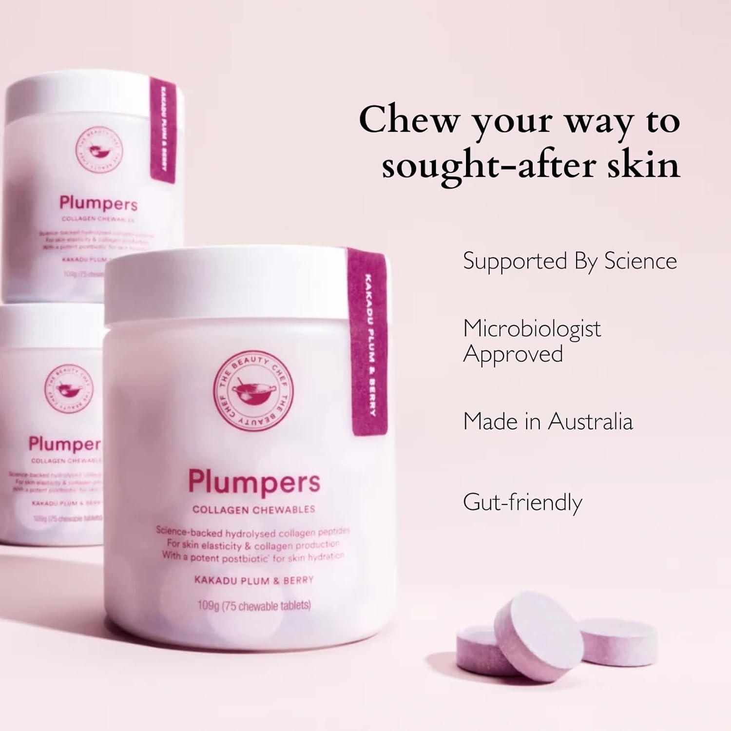 The Beauty Chef Plumpers™ Collagen Chewable Tablets with Hyaluronic Acid & Postbiotic, Supports Skin Elasticity & Collagen, Women's Multivitamin, Collagen Peptides, 75 Tablets