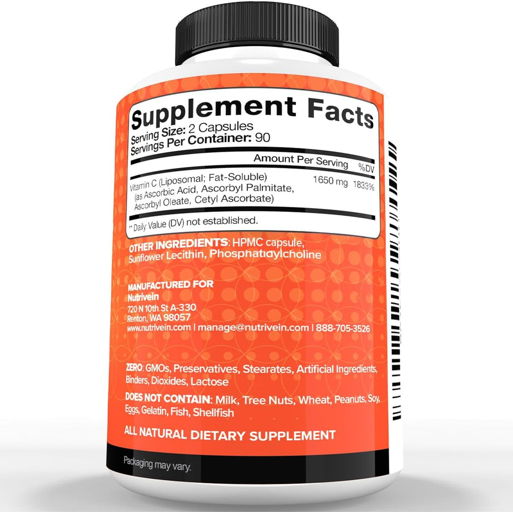 Nutrivein Premium Liposomal Vitamin C Supplement 1650mg - 180 Caps: High-Absorption Vitamin C Capsules for Whole-Body Defenses & Overall Well-Being