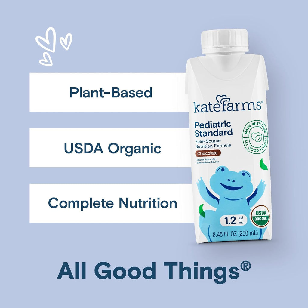 KATE FARMS Organic Pediatric 1.2 High Calorie Chocolate Nutrition Shake, 12g Protein, 27 Vitamins and Minerals, Meal Replacement, 8.45 oz (6 pack)