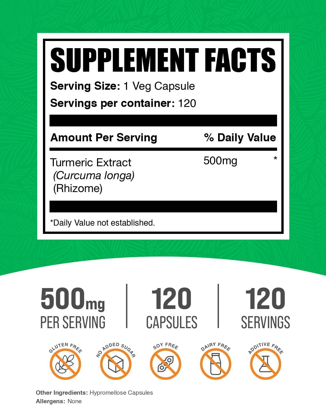 BulkSupplements.com Turmeric 500mg Extract Capsules - Curcumin Supplements, Turmeric Curcumin - Gluten Free,120 Veg Capsules (Pack of 1)