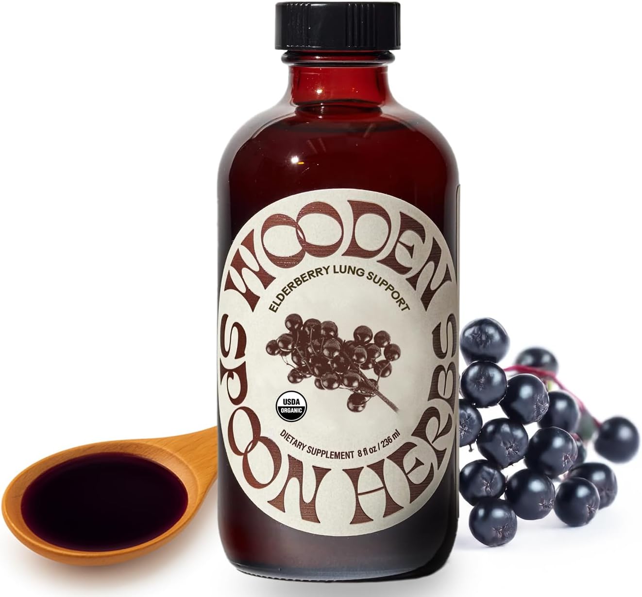 Wooden Spoon Herbs Elderberry Syrup | USDA Certified Organic Lung & Immune Support Tonic | Elderberry Syrup Blended with 6 Respiratory & Immune Support Herbs | Gluten-Free, Non-GMO, Vegan | 8 fl oz