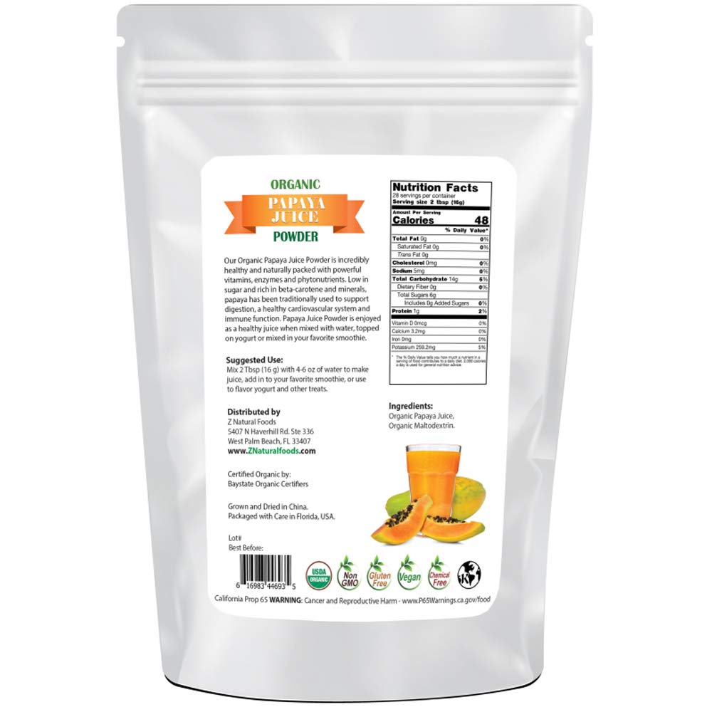 Organic Papaya Juice Powder - Tropical Fruit Superfood Drink Mix Supplement - Mix In Smoothies, Shakes, Tea, Cooking Baking Recipes - Non GMO, Gluten Free, Vegan, Kosher - 1 lb