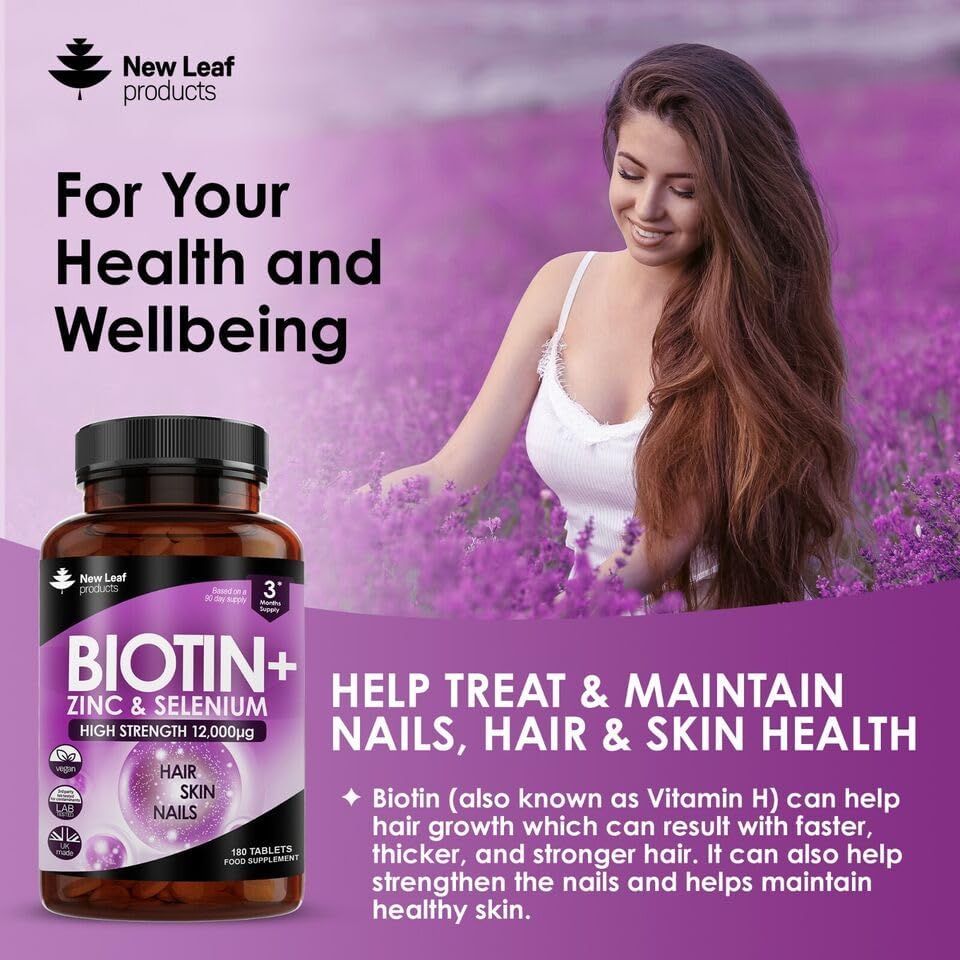 Biotin Hair Growth Vitamins 12000mcg High Strength with Coconut Oil - Promotes Healthy Hair Skin & Nails - Biotin Vitamins for Women& Men Vegan, Gluten Free Supplements - Made in The UK by New Leaf
