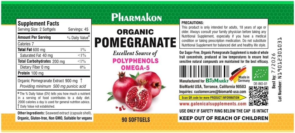 PHARMAKON Organic Pomegranate Extract, Highly Bioavailable Softgels, Full Spectrum Contains Polyphenols + Omega 5