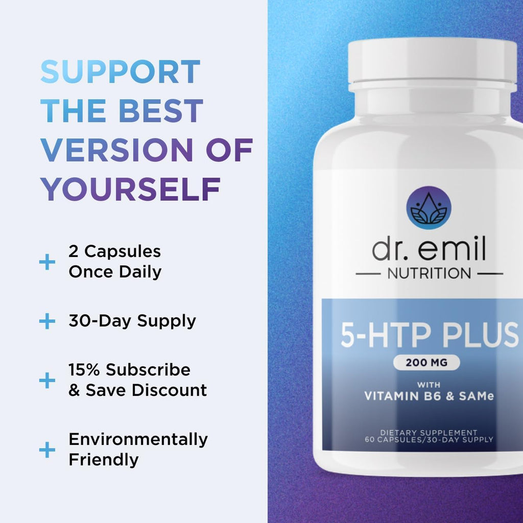 DR. EMIL NUTRITION 200 MG 5-HTP Plus with SAM-e to Maintain Normal Healthy Sleep and Create a Sense of Wellbeing - 5HTP Supplement with Vitamin B6-60 Vegan Capsules, 30 Servings