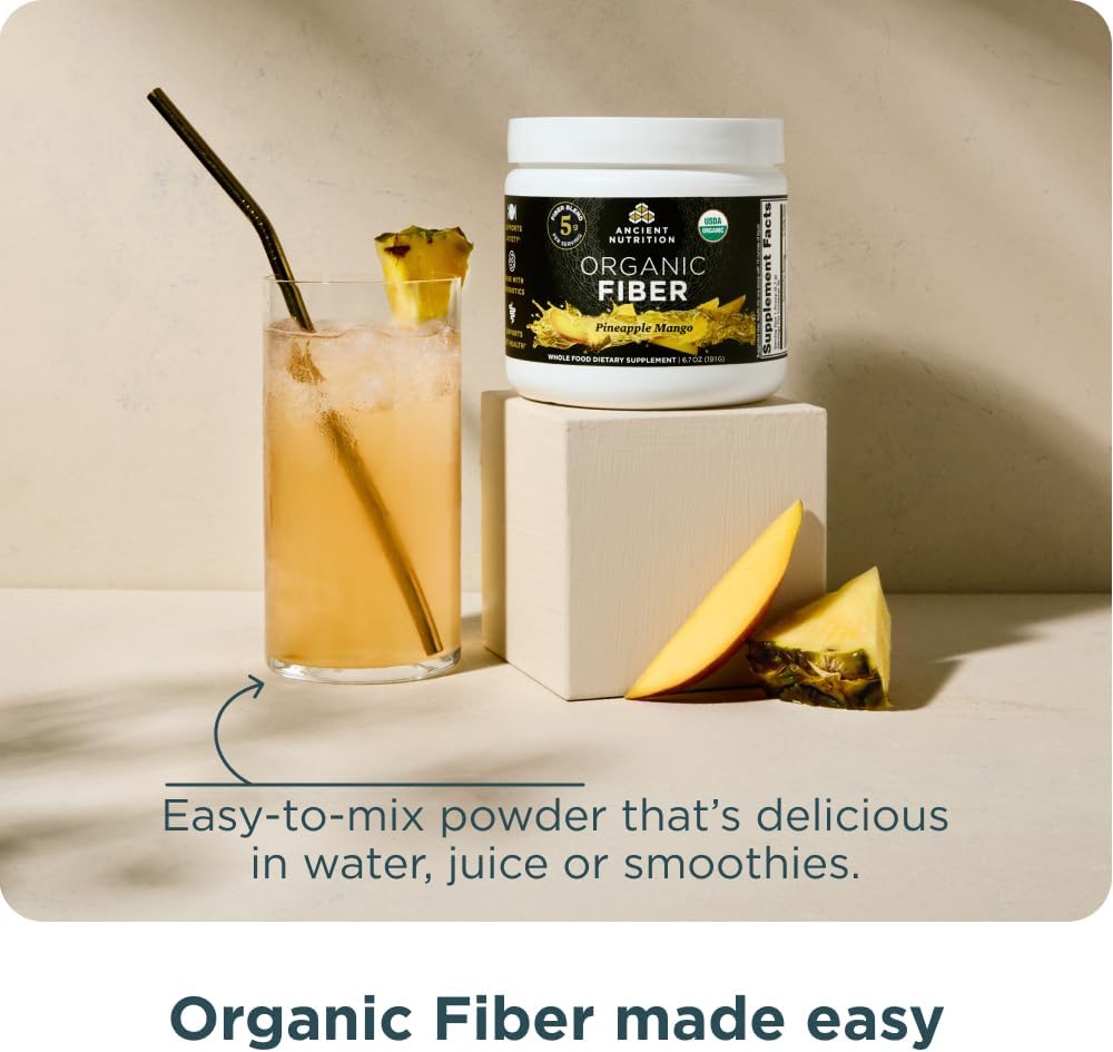 Ancient Nutrition Organic Fiber Powder, Pineapple Mango, Soluble Fiber from Acacia & Konjac Root, Supports Digestive Health, Reduces Bloating, 6.4 oz