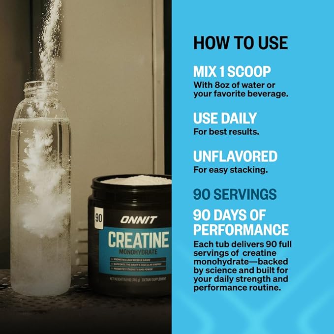 ONNIT Creatine Monohydrate Powder – Unflavored, 90-Serving Value Size – Supports Strength, Lean Muscle, and Brain Energy† – Keto Friendly, No Fillers, 90 Servings, 5.29 oz