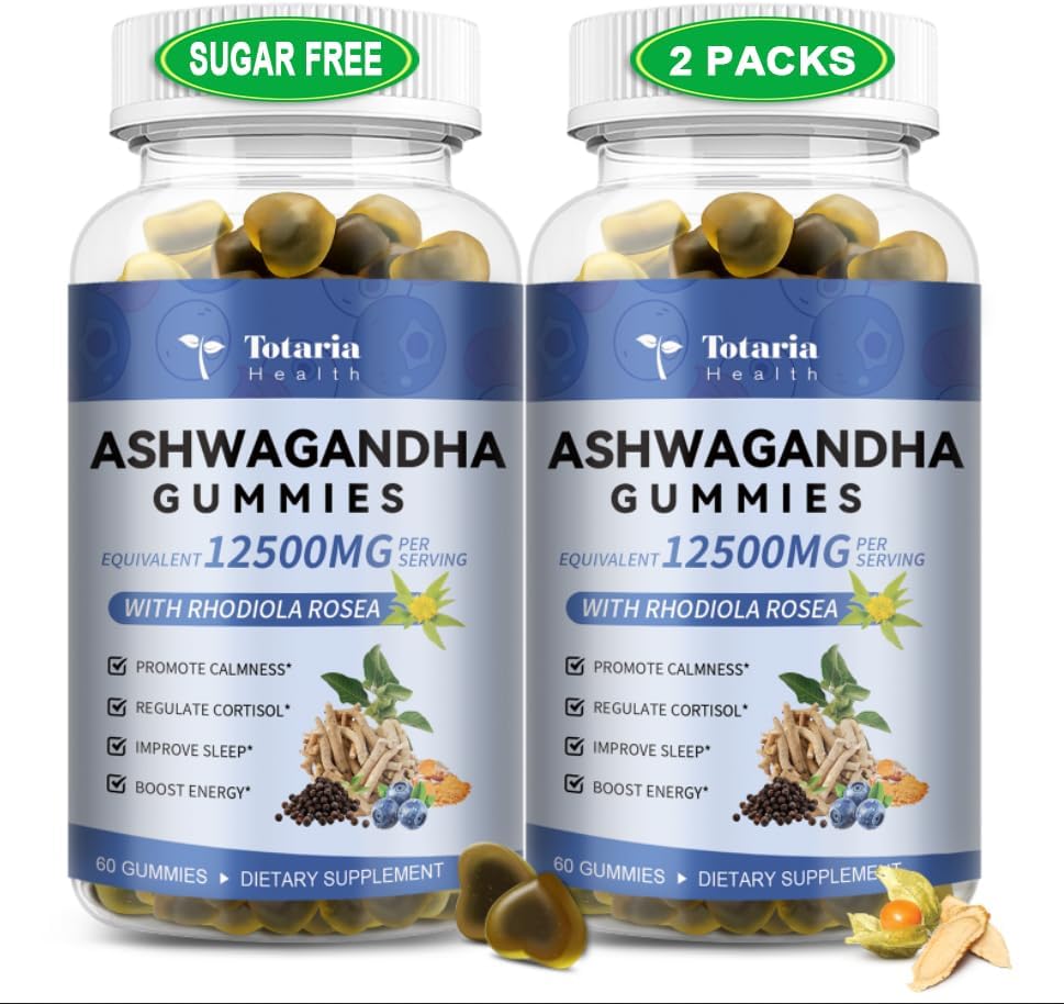 (2 Packs) Sugar Free Ashwagandha Filled Gummies w/Vitamin D3, Magnesium Glycinate, Rhodiola, Ultra Strength Ashwa Root Supplements for Women & Wen, for Relaxation, Energy, Cortisol Gummies