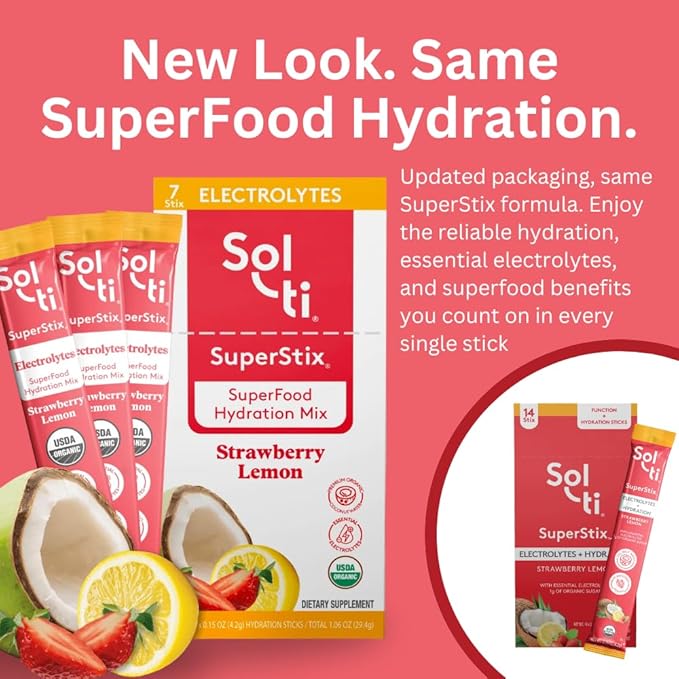 Organic Electrolytes + Hydration Drink Mix, Superfood Hydration Sticks, SuperStix by Sol-ti, Non-GMO, Vegan, Strawberry Lemon, 14 Single-Serving Sticks