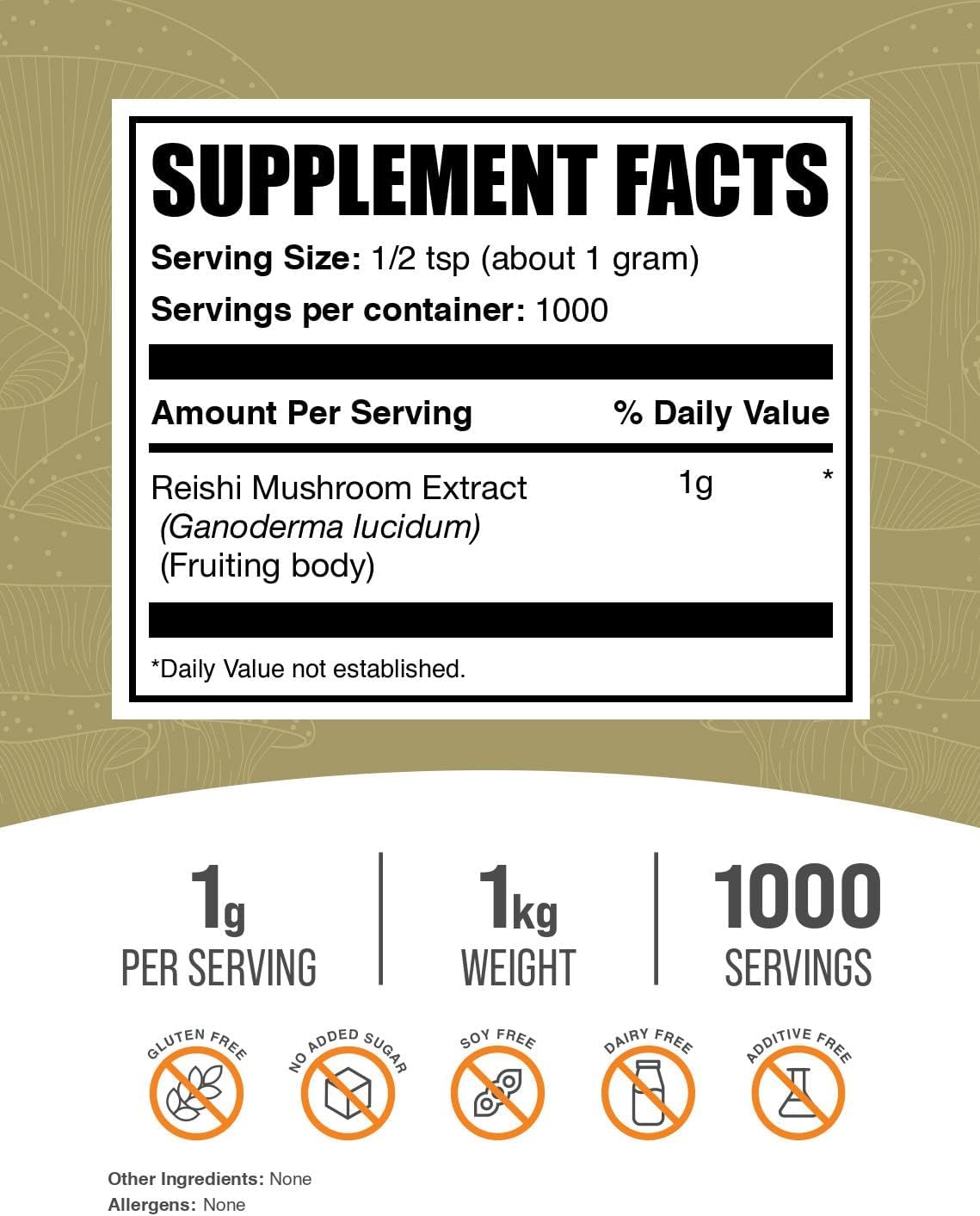 BulkSupplements.com Reishi Mushroom Extract Powder - Reishi Mushroom Powder, Supplement for Overall Well-Being - Gluten Free, 1g per Serving, 1kg (2.2 lbs) (Pack of 1)