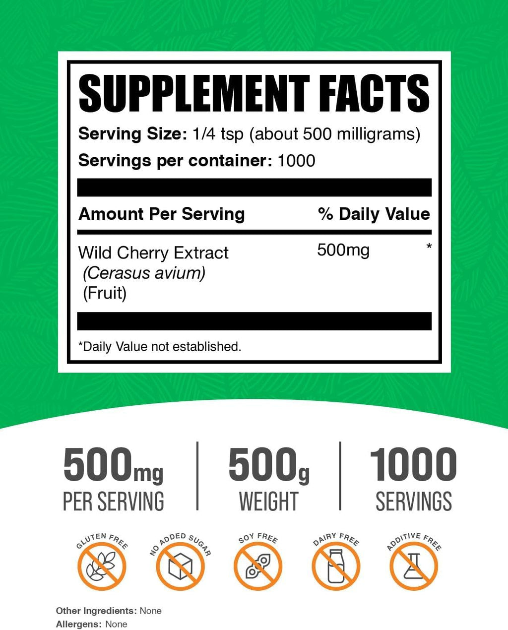 BulkSupplements.com Wild Cherry Extract Powder - Cherry Supplement, Herbal Supplement - Gluten Free, 500mg per Serving, 500g (1.1 lbs) (Pack of 1)