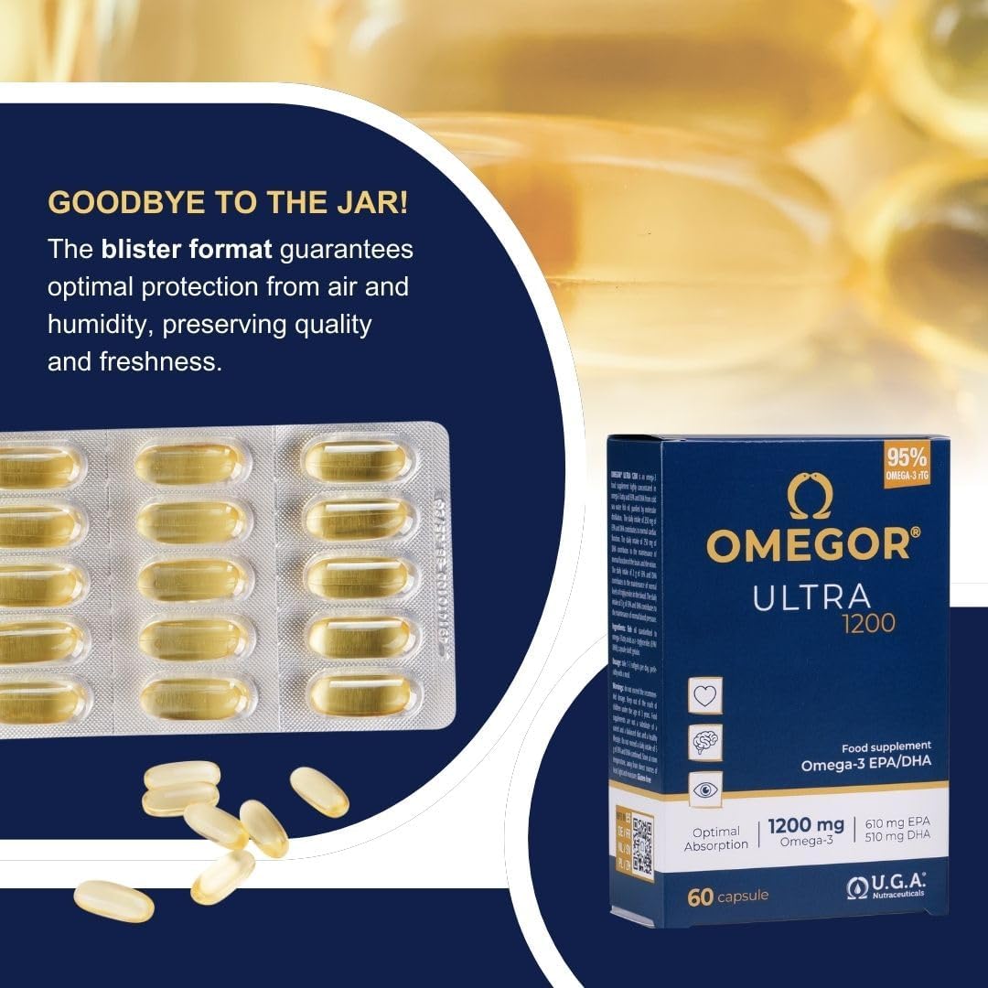 OMEGOR Omega 3 Fish Oil 1200mg Ultra - 610mg EPA and 510 DHA Omega3 IFOS Certified - High Bioavailability and No Aftertaste (60 Caps)