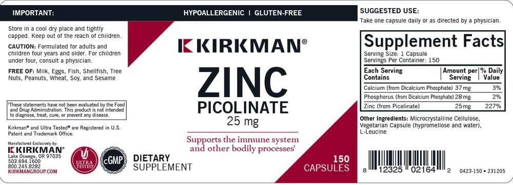 Kirkman – Zinc Picolinate 25 mg - Hypoallergenic – 150 Vegetarian Capsules – Gluten Free – Casein Free – Minerals