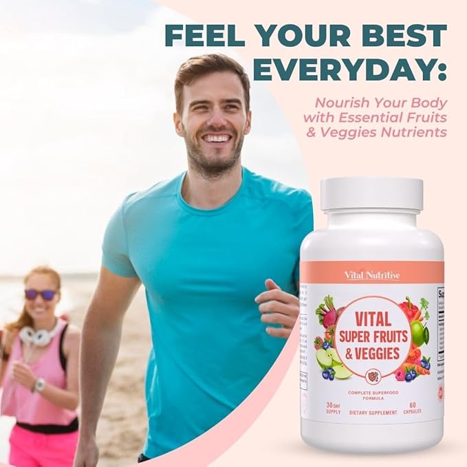 Vital Super Fruits & Veggies - Daily Superfood Capsules for Adults - Fruit & Vegetable Supplements to Boost Immunity & Energy - 2-in-1 Formula for Overall Wellness