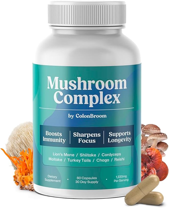 ColonBroom Mushroom Complex, Powerful Mushroom Blend with Cordyceps, Reishi, Shiitake, Lion’s Mane Extract for Energy, Immunity, Stress Relief & Cognitive Health - 60 Capsules, 30 Day Supply