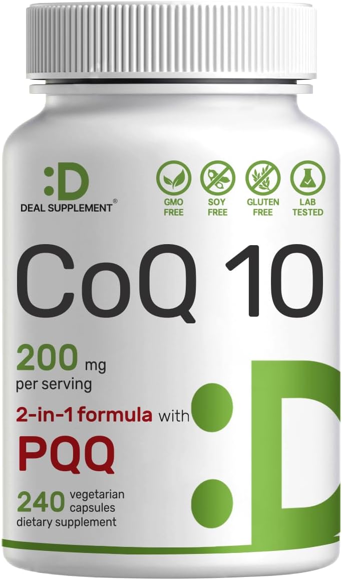 DEAL SUPPLEMENT CoQ10 200mg with PQQ 200mcg, 240 Veggie Capsules | Bioavailable Coenzyme Q10 Complex | Supports Heart, Energy & Brain Health | Antioxidant Support | Non-GMO