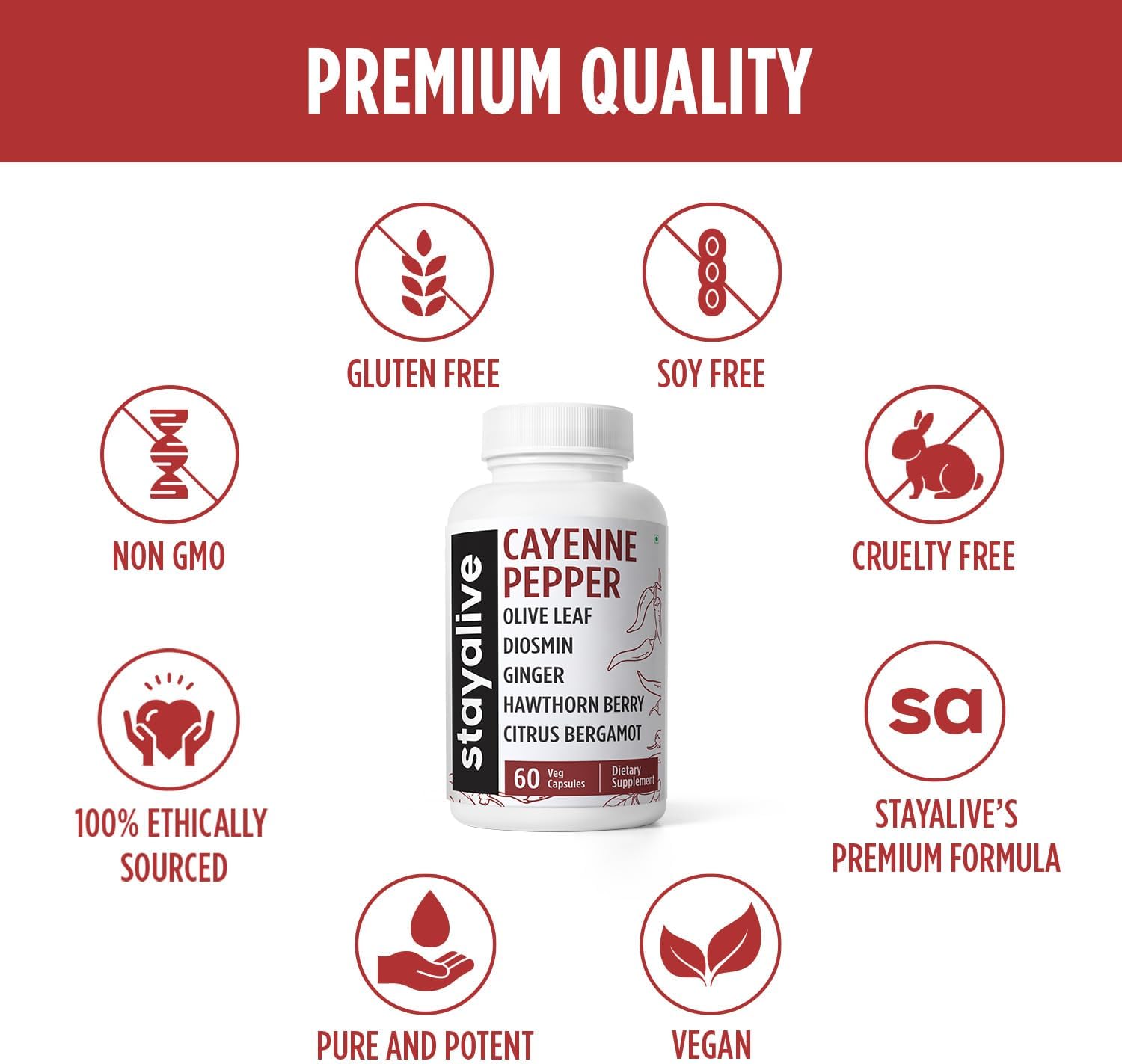 STAY ALIVE Cayenne Pepper Capsules w/Ginger, Garlic, Turmeric, Hawthorn, Diosmin, Citrus, Ceylon Cinnamon and Olive Leaf Extract, 10-in-1 Blend, 60 Pills, Non-GMO & Gluten-Free Supplement