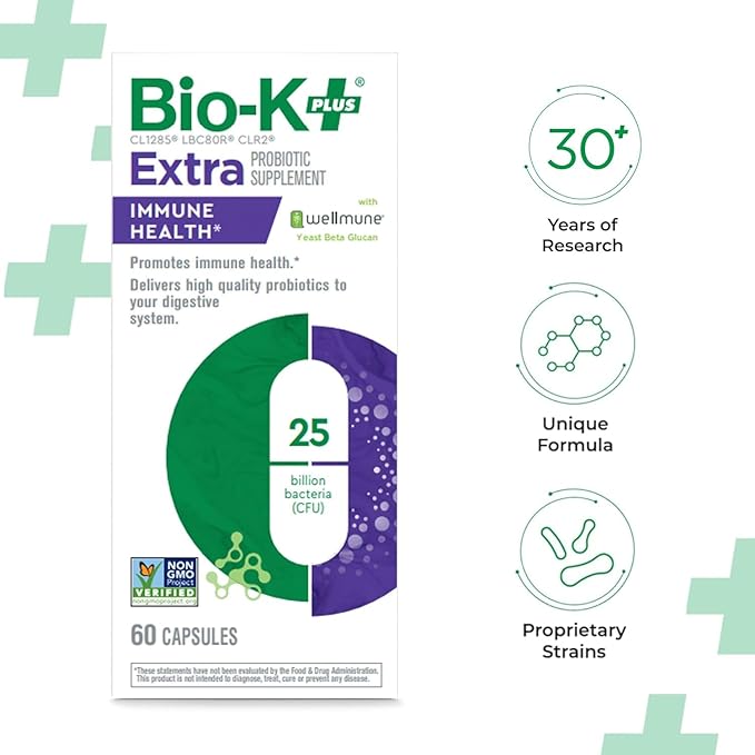 Bio K+ Vegan Probiotics for Immune Health, with Wellmune – Probiotic Supplement to Support Immunity, Maintains Digestive Health, Delayed Release Technology, Gluten Free, 25 Billion CFU – 60 Capsules