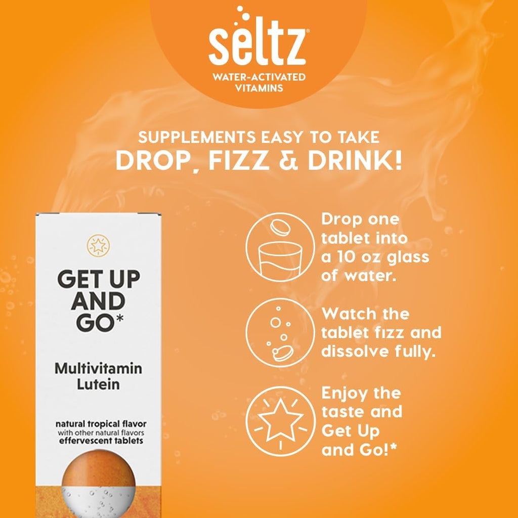 Seltz® Get Up and Go – Effervescent Multivitamin with Lutein for Daily Energy, Eye Health & Antioxidant Support – Tropical Flavor, 20 Tablets (Pack of 1)