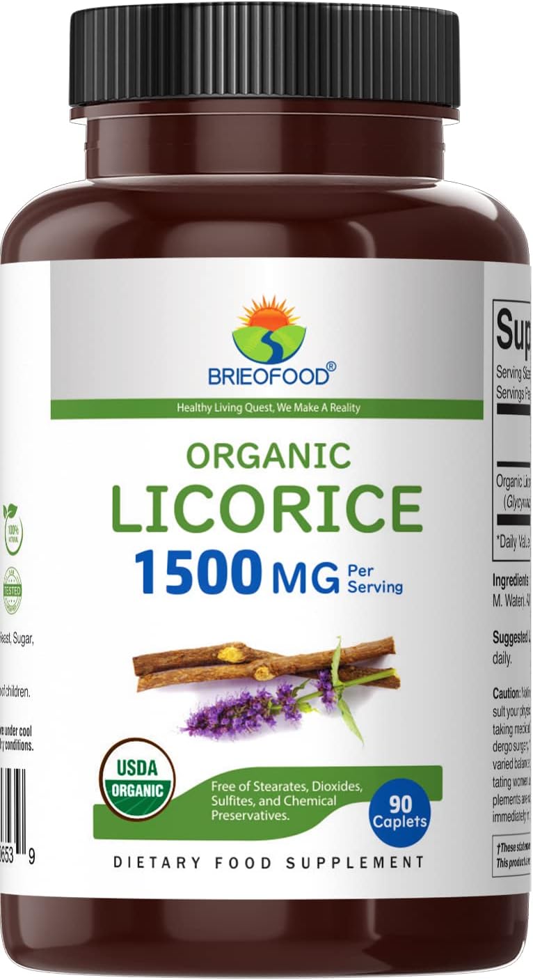 Brieofood Organic Licorice 1500mg, 45 Servings, Vegetarian, Gluten Free, 90 Vegetarian Tablets