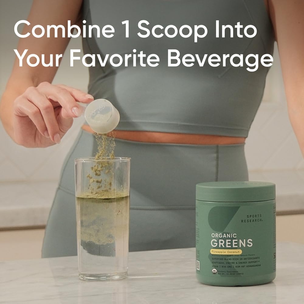 Sports Research® Organic Greens Superfood Powder w/Spirulina, Chlorella, Adaptogens, Enzymes, Probiotics & 8 VIT Bs for Gut & Mood Support* - Vegan, Sugar-Free & Low-Cal Pineapple Coconut 30 Servings