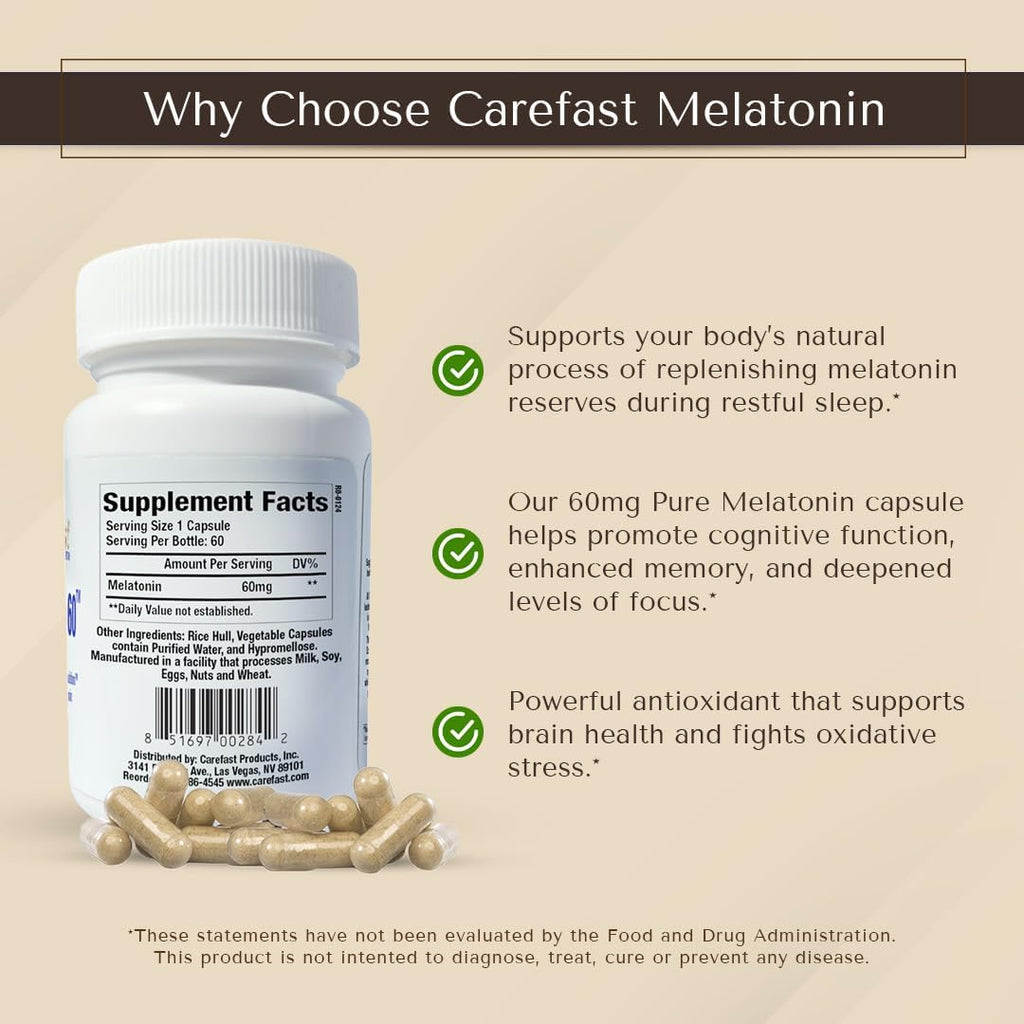 Pure Melatonin 60mg | 60 High-Dose Easy-to-Swallow Capsules | Natural Sleep Aid | Non-Habit Forming | Holistic Wellness