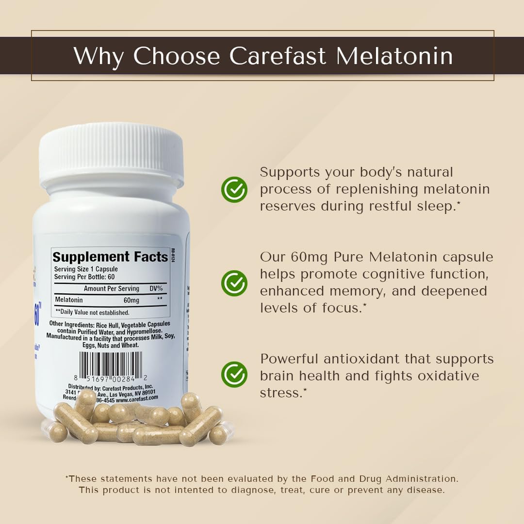 Pure Melatonin 60mg | 60 High-Dose Easy-to-Swallow Capsules | Natural Sleep Aid | Non-Habit Forming | Holistic Wellness