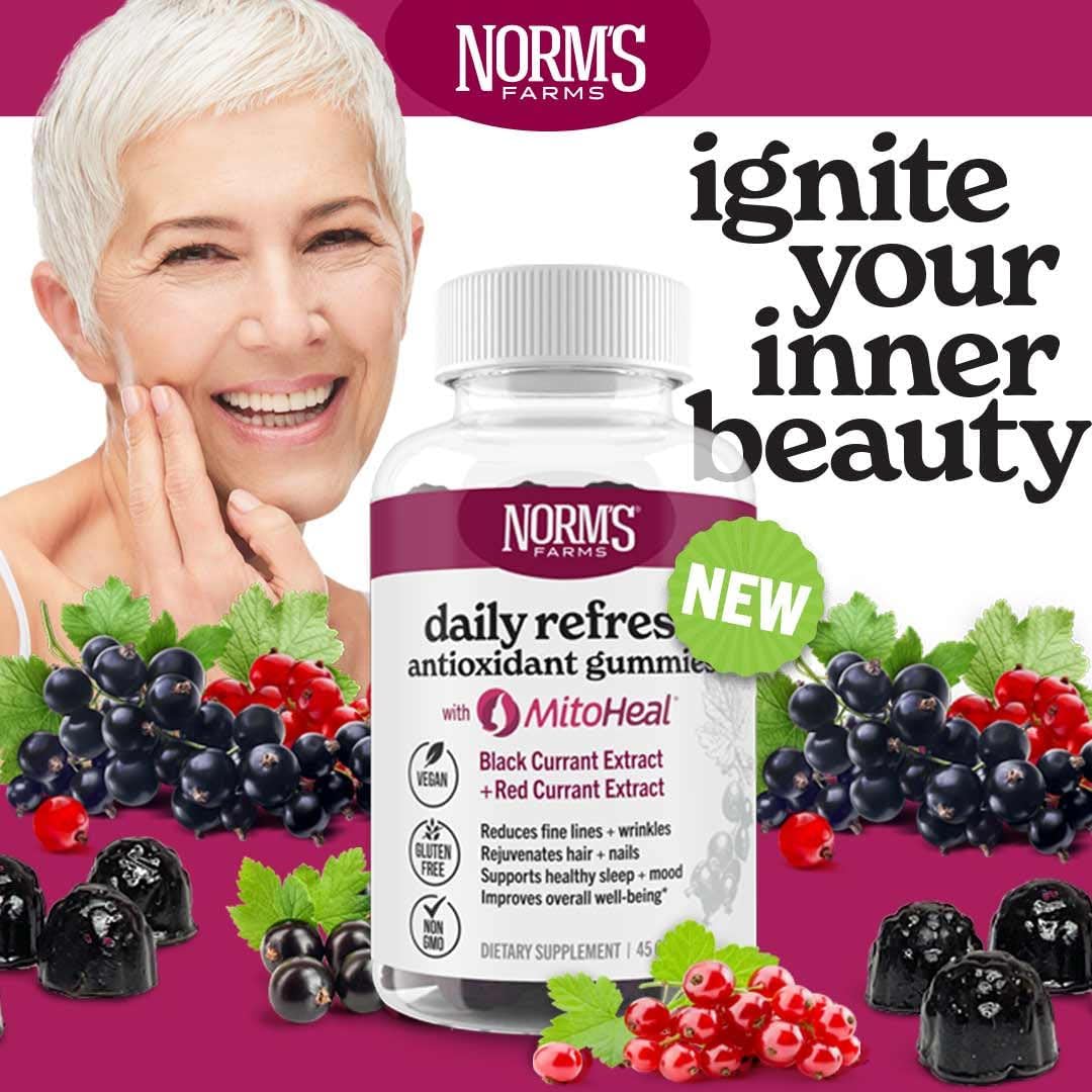 Norm's Farms Elderberry Antioxidant Gummies - Daily Refresh w/MitoHeal, 500mg Red & Black Currant Extract - Sleep, Mood, Skin, Hair & Nail Support - USA Made, Vegan, Non-GMO, Gluten-Free - 45 Gummies