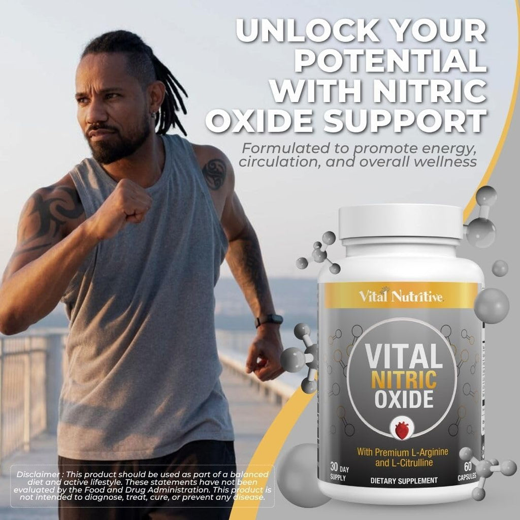 Vital Nitric Oxide Supplements for Men - Workout Booster Supplement for Men - Nitrous Oxide Boost Blood Flow, Blood Pressure, Energy & Workout Performance with L Arginine L Citruline-30 Days Supply