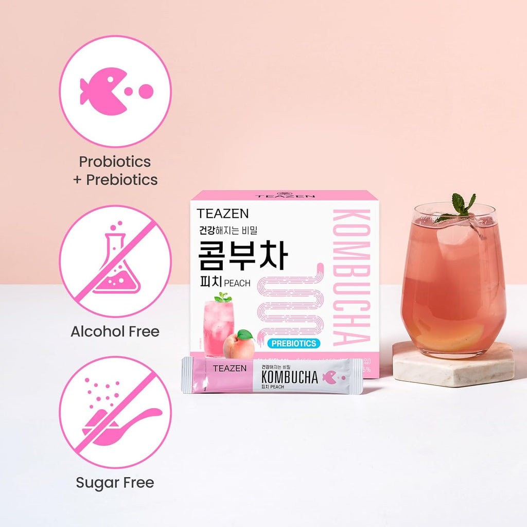 TEAZEN Peach Kombucha Tea, Hydration Drink Mix, Sugar Free, Live Probiotics & Prebiotics, 30 Sticks, 5.29oz
