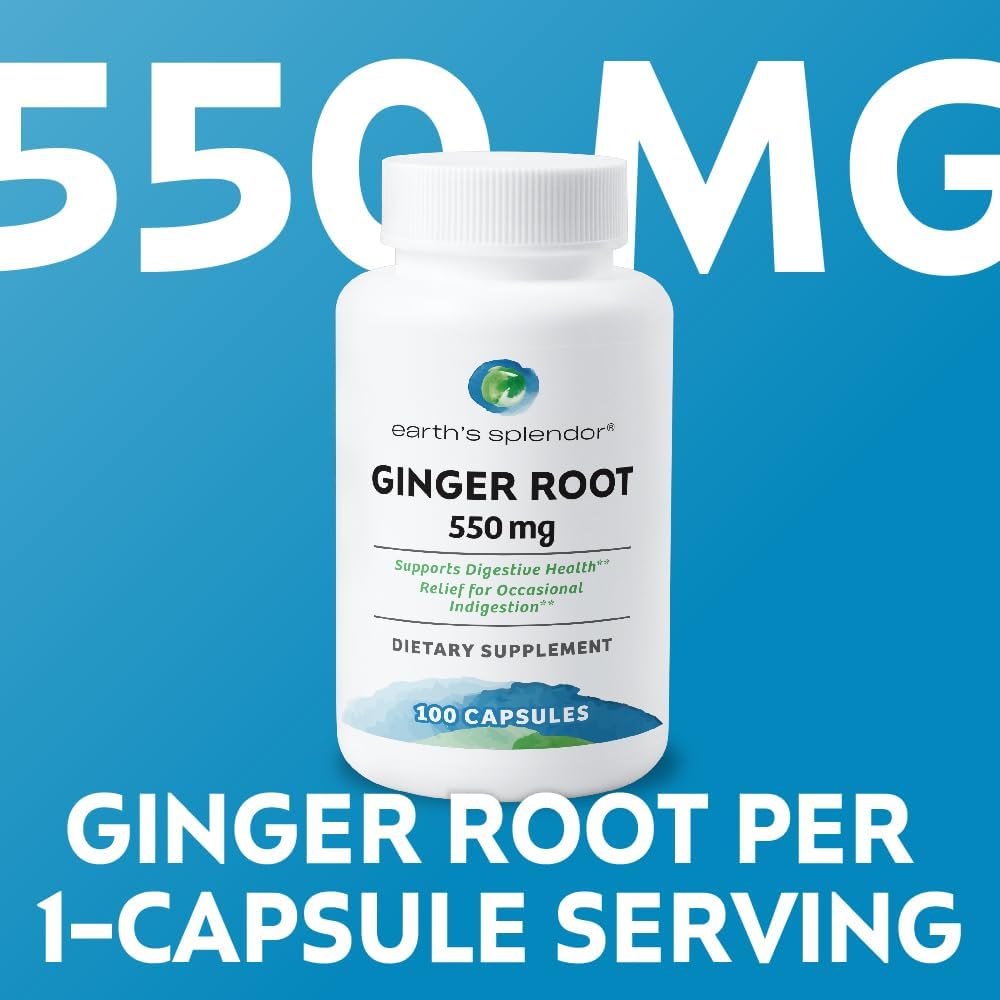 Earth's Splendor Ginger Root 550 mg Supplement for Men & Women, Supports Digestive Health, No Artificial Color or Preservatives (550 mg, 100 Capsules)