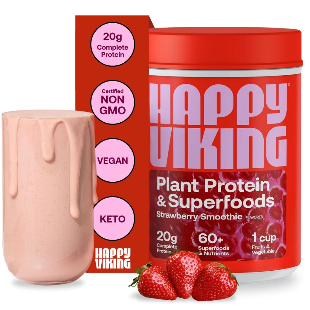 Happy Viking Strawberry Protein + Superfoods Powder, Created by Venus Williams, 20G Protein, Low Carb, Keto, Vegan, Gluten-Free, Non-GMO, Superfoods, Complete Meal Replacement, 1 Canister (24 oz.)