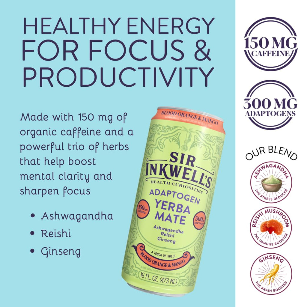 SIR INKWELL'S Adaptogen Yerba Mate | Healthful Energy + Productivity 150 mg Organic Caffeine | 300mg Ashwagandha Reishi Ginseng | Non-GMO Certified | Blood Orange & Mango 16oz 12pk