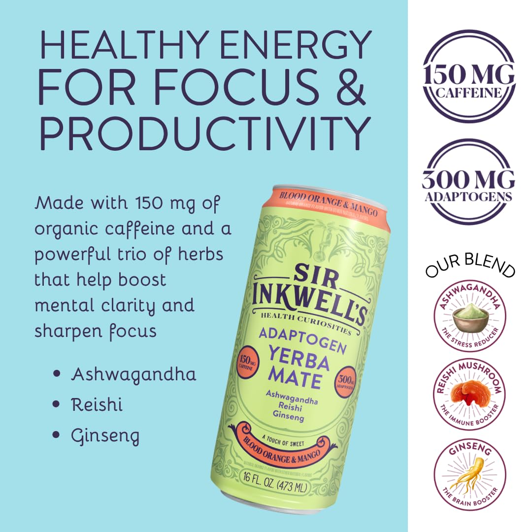 SIR INKWELL'S Adaptogen Yerba Mate | Healthful Energy + Productivity 150 mg Organic Caffeine | 300mg Ashwagandha Reishi Ginseng | Non-GMO Certified | Blood Orange & Mango 16oz 12pk