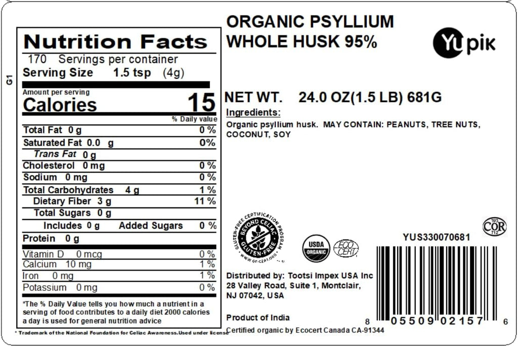 Yupik Organic Whole Husk Psyllium, 24 Oz, 95% Purity, USDA Certified, Non-GMO, Kosher, Gluten-Free, Sugar-Free & Fat-Free, Unflavored, Plant-Based, High Fiber Superfood for Oatmeal, Granola & Cereal