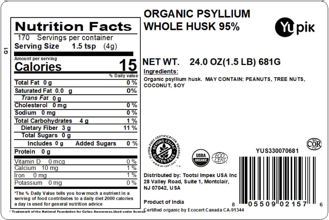 Yupik Organic Whole Husk Psyllium, 24 Oz, 95% Purity, USDA Certified, Non-GMO, Kosher, Gluten-Free, Sugar-Free & Fat-Free, Unflavored, Plant-Based, High Fiber Superfood for Oatmeal, Granola & Cereal