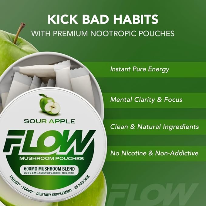 Mushroom Nootropic Pouches - 600mg Organic Mushroom Energy Ultra Pouches with Lion's Mane, Reishi, Cordyceps for Focus & Clean Energy - Zero Caffeine or Sugar (5 Can Pack, Sour Apple)