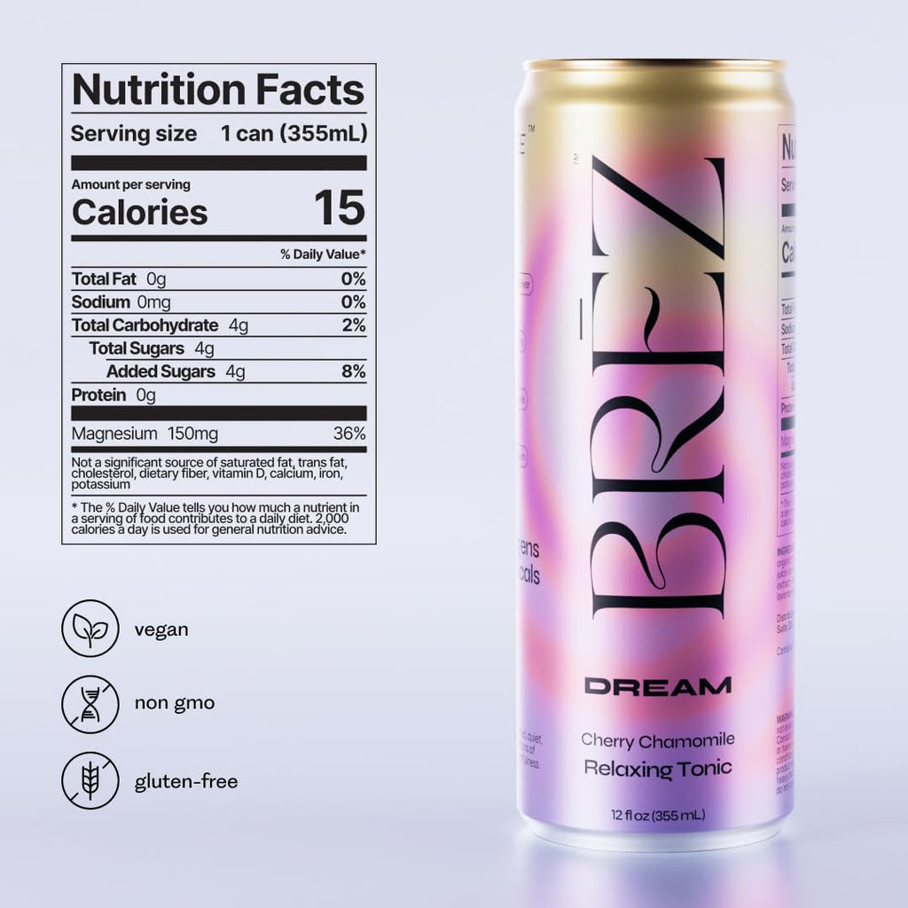 BRĒZ Dream Reishi Mushroom Drink, Non-Infused Relaxing Tonic with Reishi, Chamomile, Tart Cherry, Magnesium & L-Theanine, Vegan Adaptogen Drink for Sleep, Calm & Mood, 12 fl oz - 8 Pack