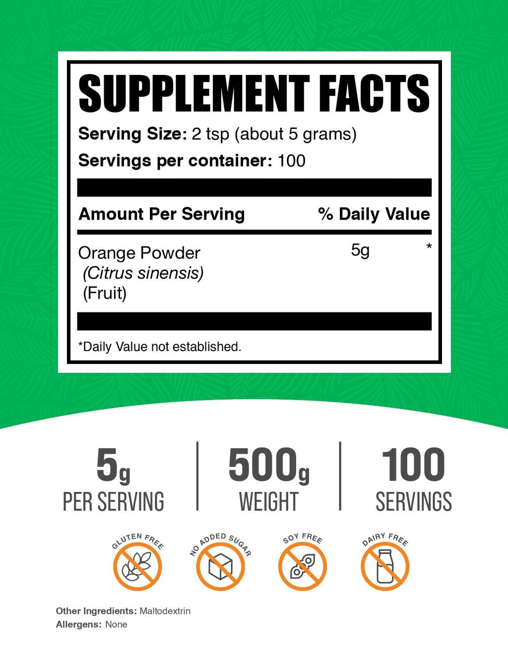 BulkSupplements.com Orange Powder - Orange Fruit Powder, Nutrient-Rich Flavoring - Gluten Free, 5g per Serving, 500g (1.1 lbs) (Pack of 1)