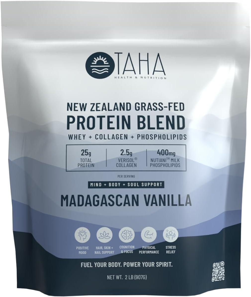 Taha Health & Nutrition Mind + Body Protein Blend – Madagascan Vanilla | 25g Protein from Whey & Collagen + 400mg Milk Phospholipids | Grass-Fed, Free-Range New Zealand Dairy | 2LB