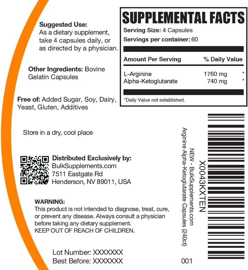 BulkSupplements.com AAKG Capsules - Arginine AKG Supplement, Nitric Oxide Supplement - Gluten Free, 4 Capsules per Serving (2500mg), 240 Count (Pack of 1)