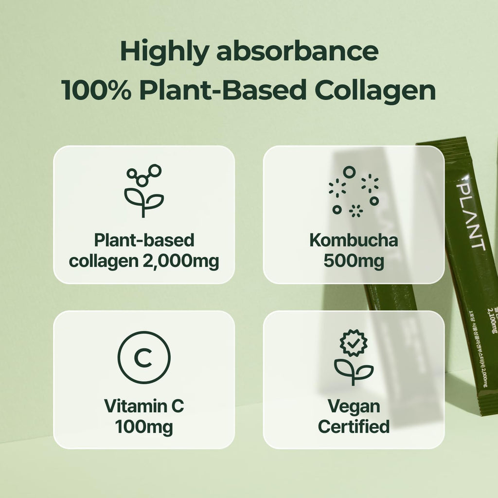 PLANT Vegan Collagen Peptide + Kombucha Powder + Probioitics + Vitamin C | Tripeptide Vegetarian Collagen Booster 2000mg, Dragonfruit Lime |15 packets, Gut & Skin Health Anti-Aging Hydration drink mix