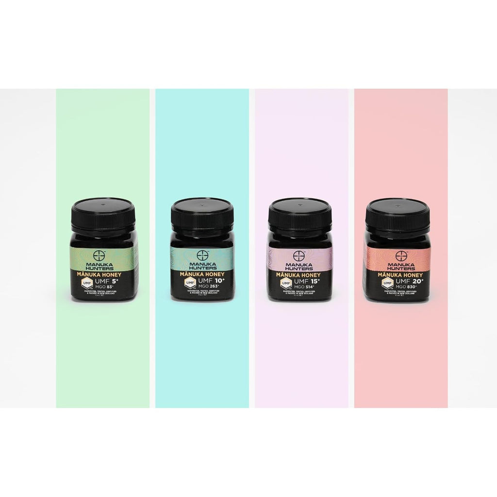 Manuka Hunters Raw New Zealand Honey Gift Set 4-Pack Honey Sampler with UMF 5+,10+,15+,20+ (125g = 85ml Each) – 100% Pure Natural Sweetener - Ideal for Tea, Coffee, Smoothies, Baking - Sustainable