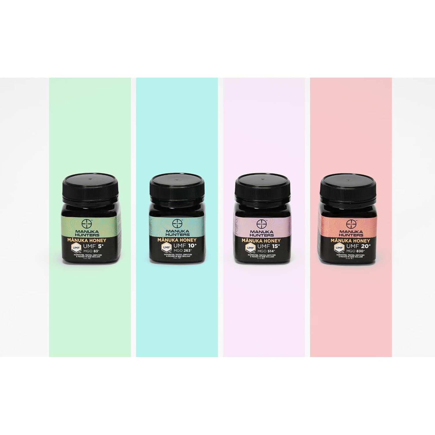 Manuka Hunters Raw New Zealand Honey Gift Set 4-Pack Honey Sampler with UMF 5+,10+,15+,20+ (125g = 85ml Each) – 100% Pure Natural Sweetener - Ideal for Tea, Coffee, Smoothies, Baking - Sustainable