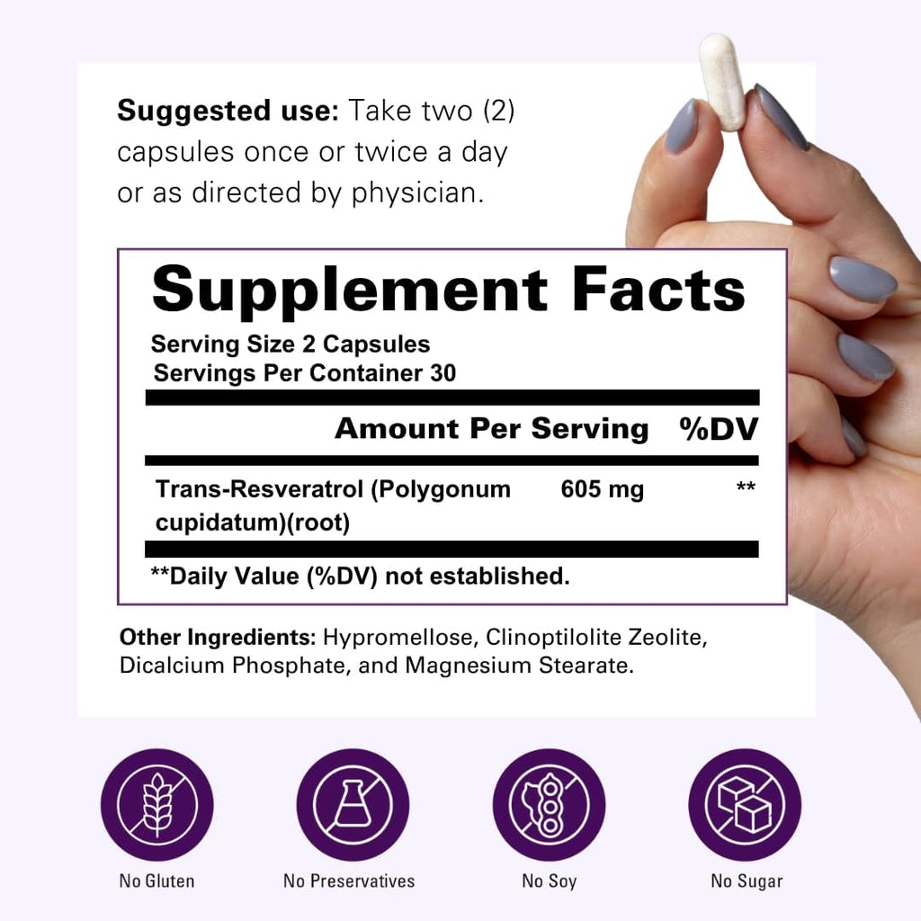 Trans-Resveratrol Highly Purified & Bioavailable Antioxidant Supplement for Unique SIRT1 Activation - Promote Cellular Repair, Longevity, Brain, Heart, DNA - 60 Capsules