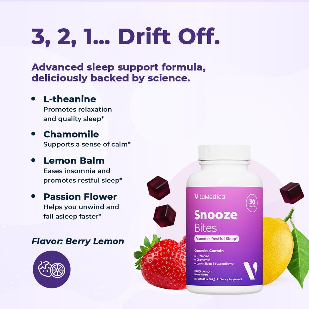 VitaMedica Snooze Sleep Gummies - Melatonin-Free, Zero Grogginess - L-Theanine, Chamomile, Passionflower & Lemon Balm - Sleep Aid Gummies for Adults - 30 Count