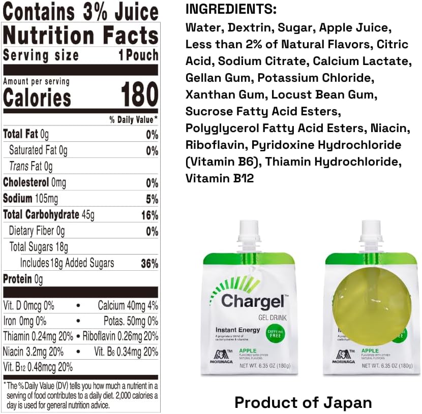 Apple, Caffeine-Free Instant Energy Gel Running, Biking, Workout, Hiking Essentials for Women & Men, Gifts for Runners - Carbs Vitamins, Gluten Free - Pack of 6 Gels - 6.35oz Each