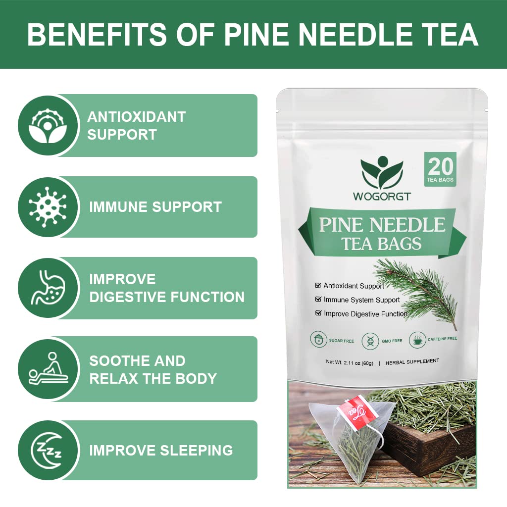 Pine Needle Tea Bags - Organic Dried Pine Needle Herbal Tea for Immune Support & Antioxidant, Caffeine Free, Natural Suramin, 20 Tea bags