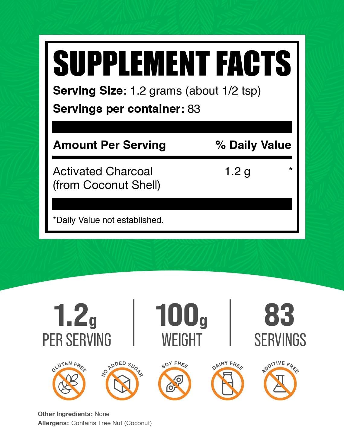 BulkSupplements.com Activated Charcoal Powder - from Coconut Charcoal, for Teeth Whitening - Vegan & Gluten Free, 1.2g per Serving, 100g (3.5 oz) (Pack of 1)